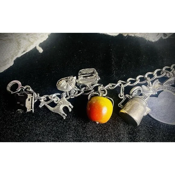Antique Vintage Retro Heavy Sterling Charm Bracelet 6.5" - Picture 2 of 8